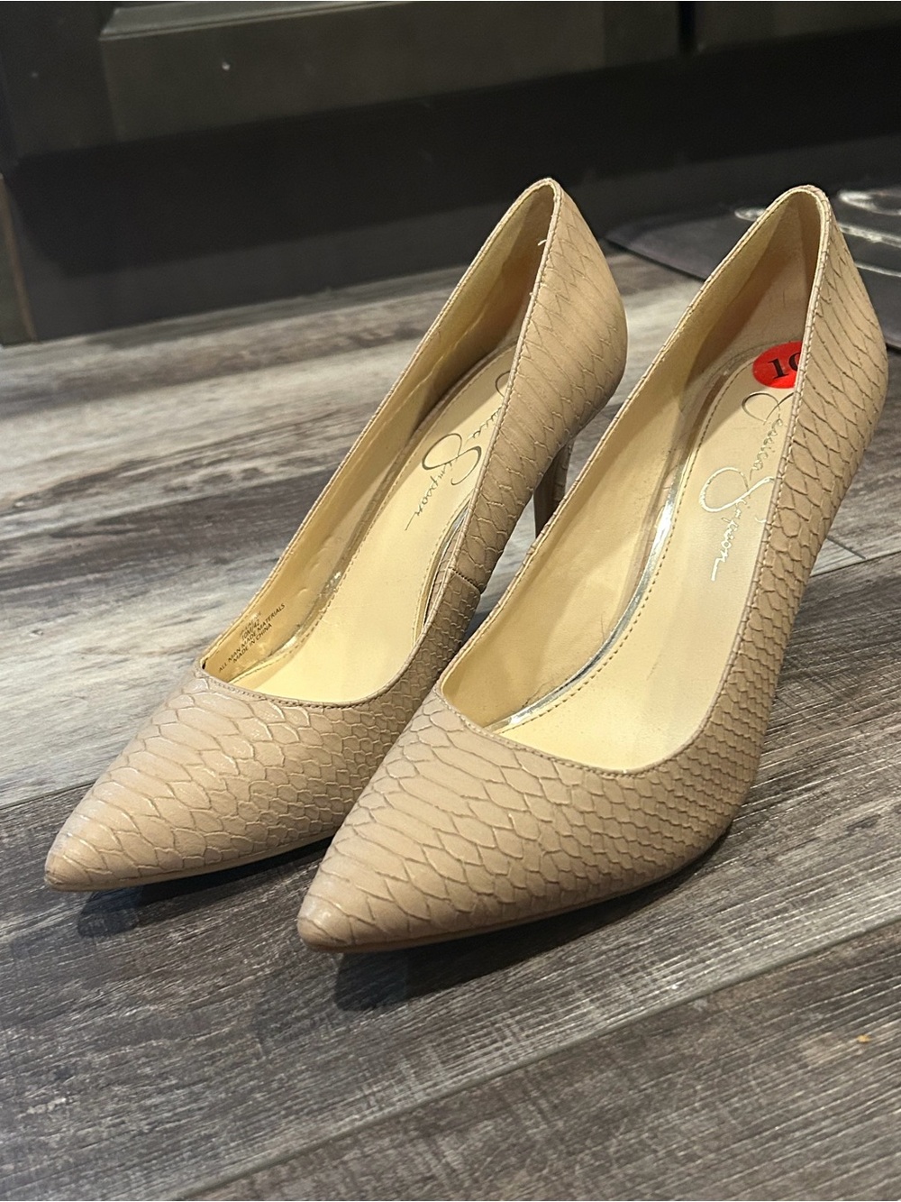 Jessica Simpson Beige Snake-Embossed Pointed Toe Pumps